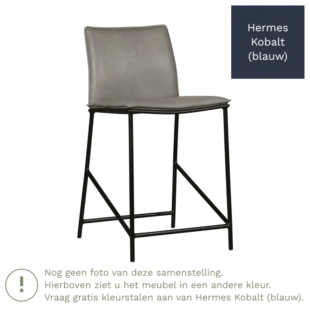 afbeelding van Leren barkruk laag Favor - Hermes Kobalt (blauw) - poten staal rond zwart